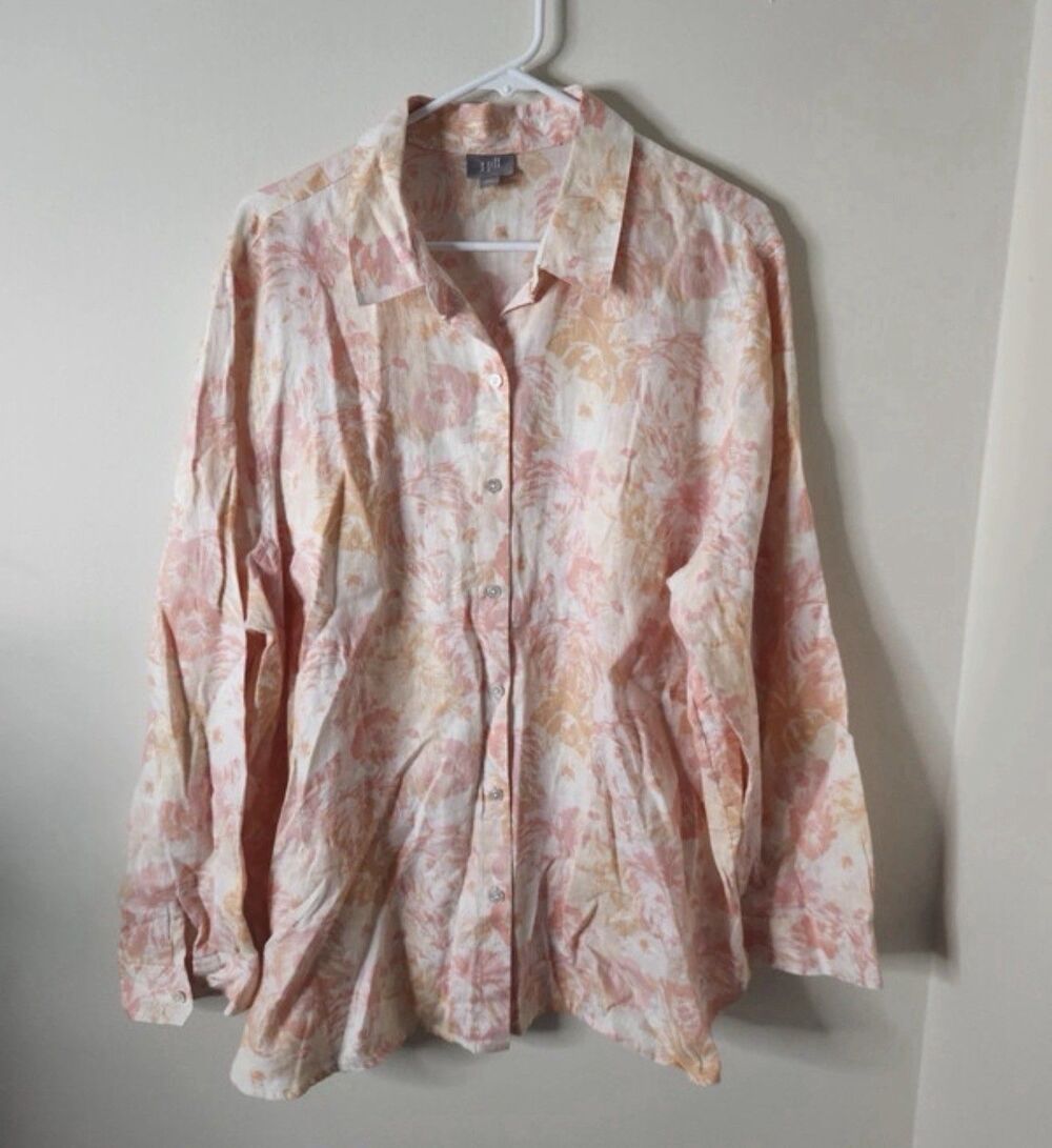 J Jill Tunic Shirt Womens XL Pale Pink Floral Linen Button Up Casual Cottage Top